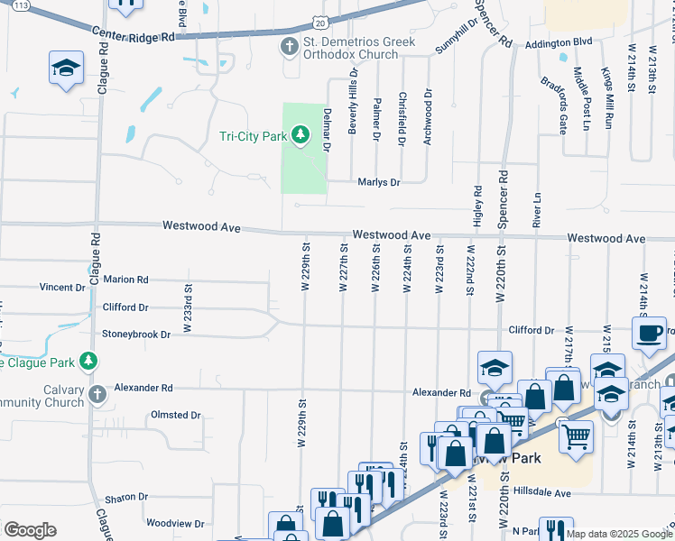 map of restaurants, bars, coffee shops, grocery stores, and more near 3889 West 227th Street in Fairview Park