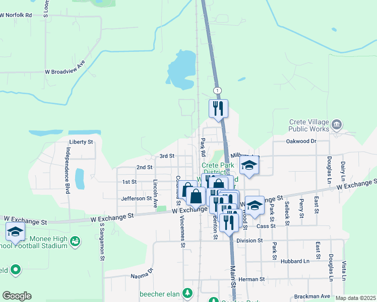 map of restaurants, bars, coffee shops, grocery stores, and more near 1232 Lumber Street in Crete