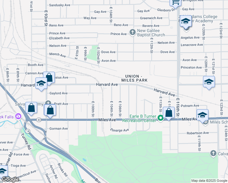 map of restaurants, bars, coffee shops, grocery stores, and more near 4075 East 104th Street in Cleveland