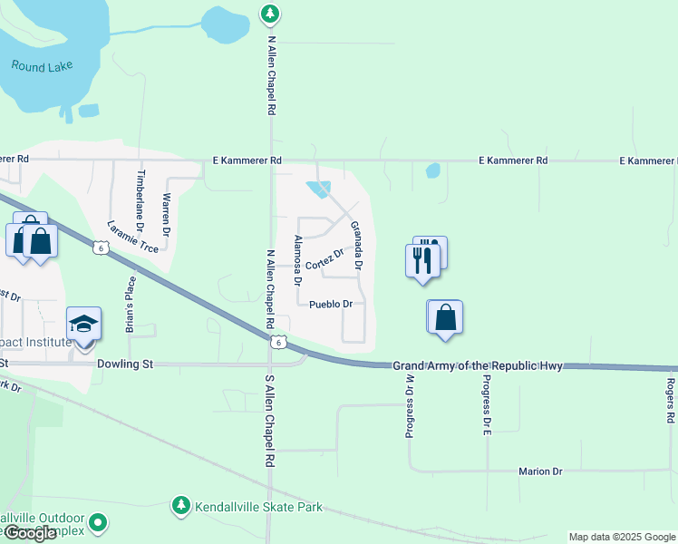 map of restaurants, bars, coffee shops, grocery stores, and more near 2111 Del Norte Drive in Kendallville