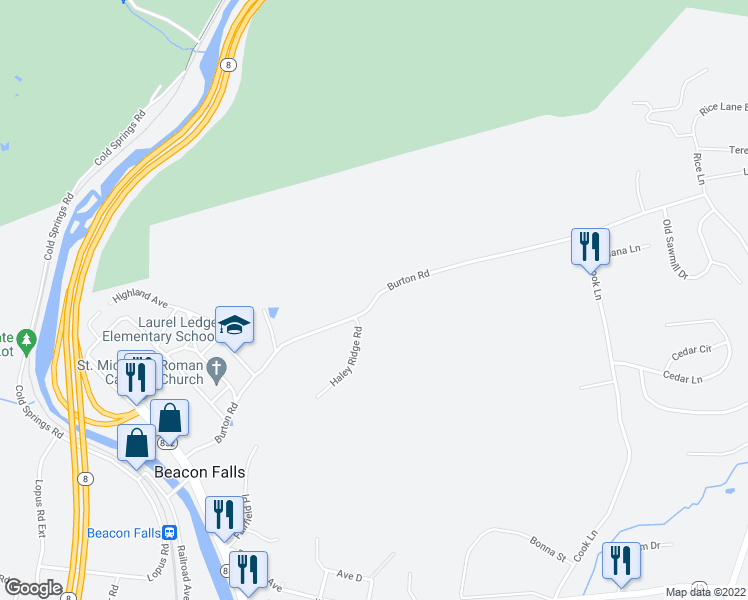 map of restaurants, bars, coffee shops, grocery stores, and more near 223 Burton Road in Beacon Falls