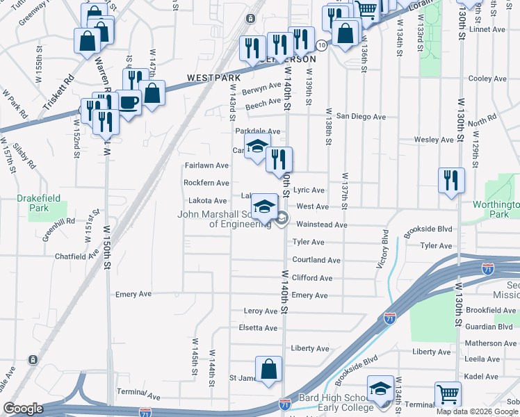 map of restaurants, bars, coffee shops, grocery stores, and more near 14110 Viola Avenue in Cleveland