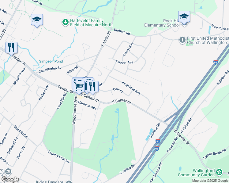 map of restaurants, bars, coffee shops, grocery stores, and more near 31 Carr Street in Wallingford