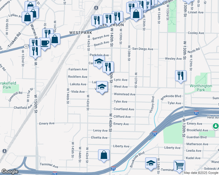 map of restaurants, bars, coffee shops, grocery stores, and more near 14000 Viola Avenue in Cleveland