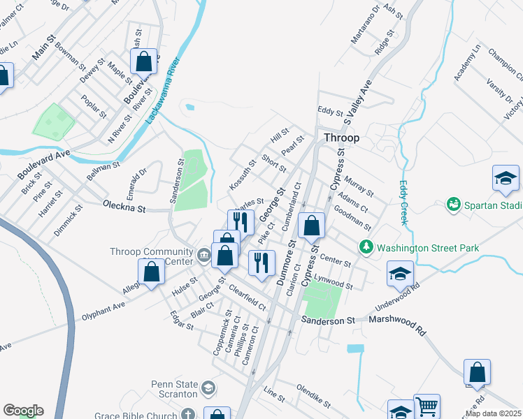 map of restaurants, bars, coffee shops, grocery stores, and more near 531 George Street in Throop