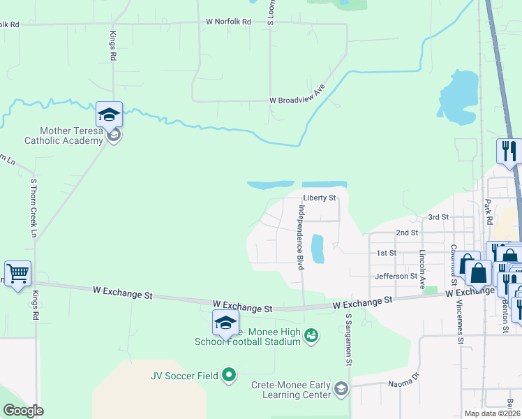 map of restaurants, bars, coffee shops, grocery stores, and more near 24380 Liberty Street in Crete