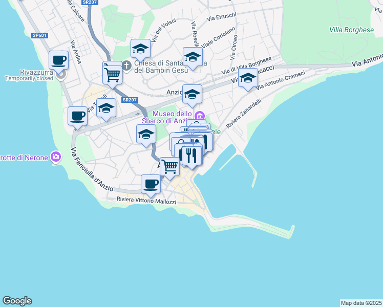 map of restaurants, bars, coffee shops, grocery stores, and more near 18 Via Luciano Manara in Anzio