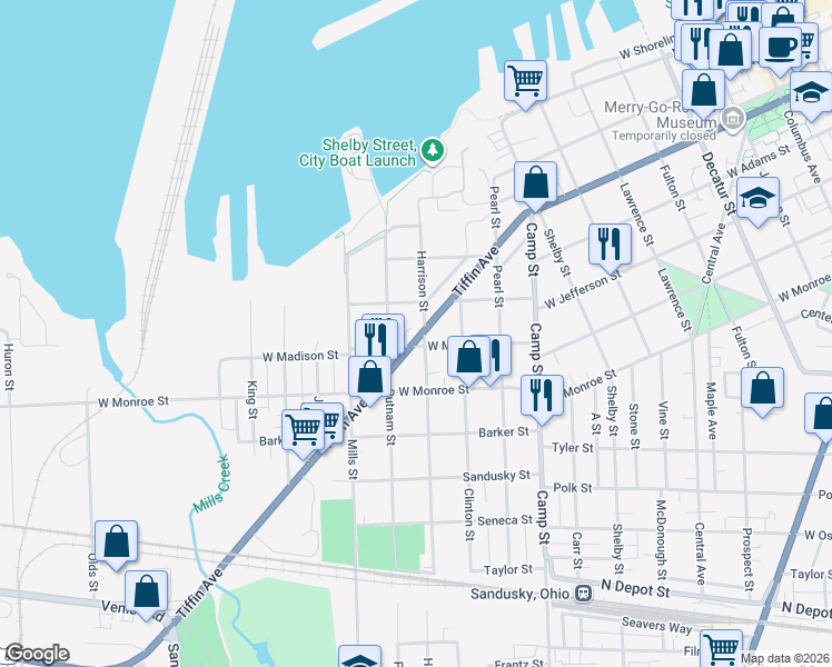 map of restaurants, bars, coffee shops, grocery stores, and more near 539 Tiffin Avenue in Sandusky