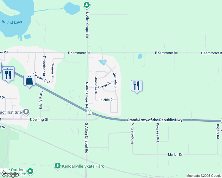 map of restaurants, bars, coffee shops, grocery stores, and more near 2111 Del Norte Dr in Kendallville