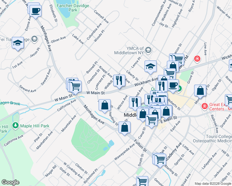 map of restaurants, bars, coffee shops, grocery stores, and more near 120 West Main Street in Middletown