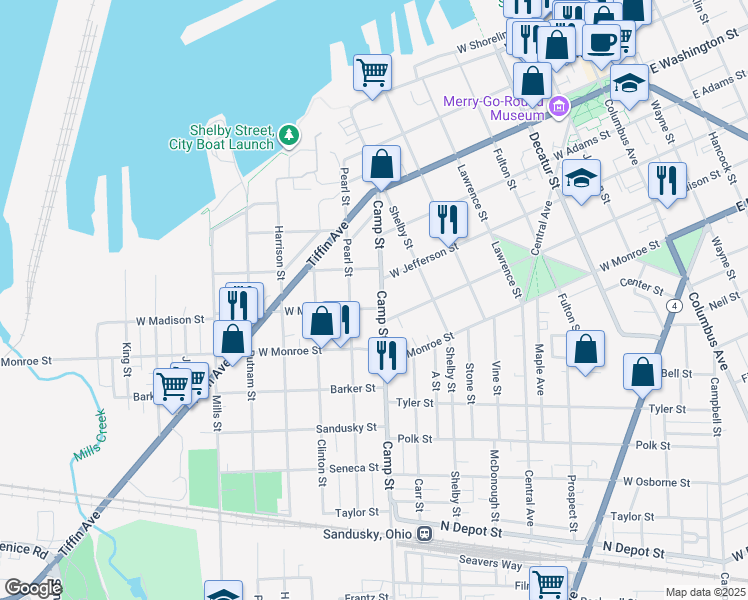 map of restaurants, bars, coffee shops, grocery stores, and more near 540 Camp Street in Sandusky