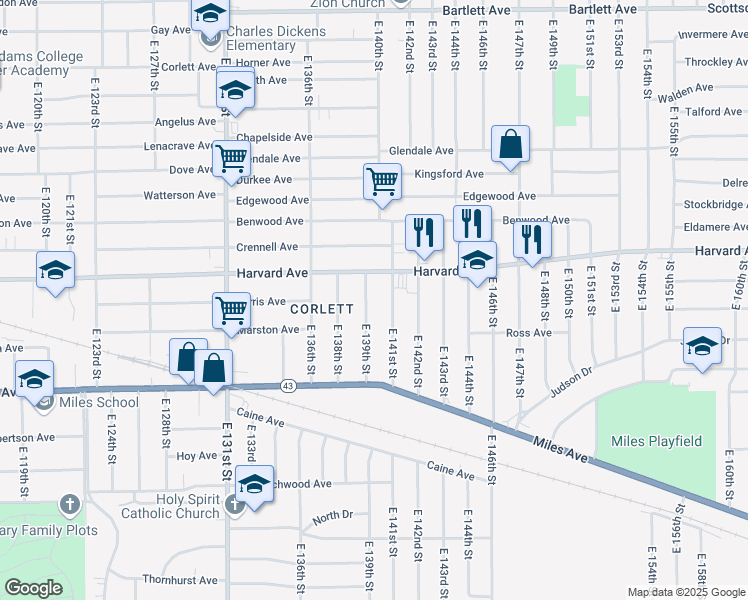 map of restaurants, bars, coffee shops, grocery stores, and more near 4085 East 139th Street in Cleveland