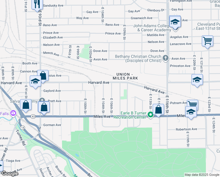 map of restaurants, bars, coffee shops, grocery stores, and more near 4083 East 106th Street in Cleveland