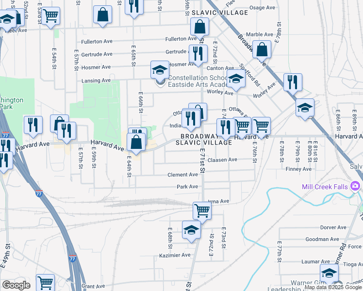 map of restaurants, bars, coffee shops, grocery stores, and more near 6900 Harvard Avenue in Cleveland