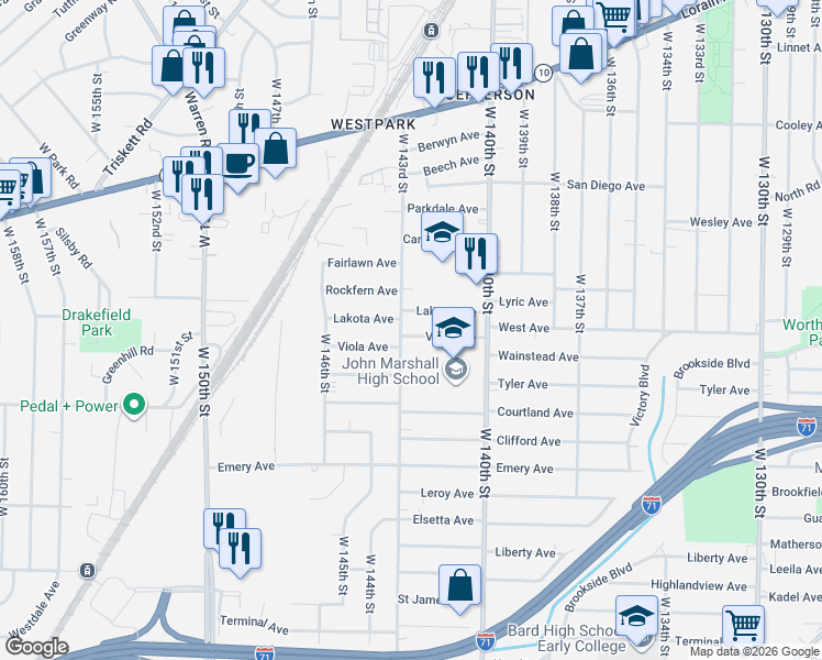 map of restaurants, bars, coffee shops, grocery stores, and more near 14218 Viola Avenue in Cleveland