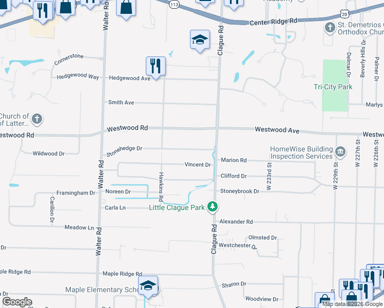 map of restaurants, bars, coffee shops, grocery stores, and more near 23820 Vincent Drive in North Olmsted