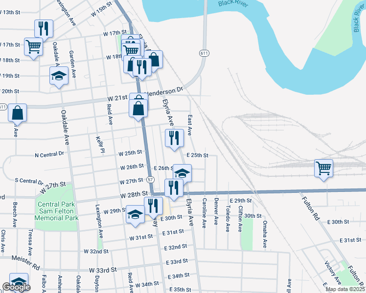 map of restaurants, bars, coffee shops, grocery stores, and more near 2451 Elyria Avenue in Lorain