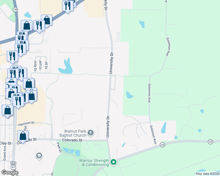 map of restaurants, bars, coffee shops, grocery stores, and more near 2301 University Drive in Muscatine