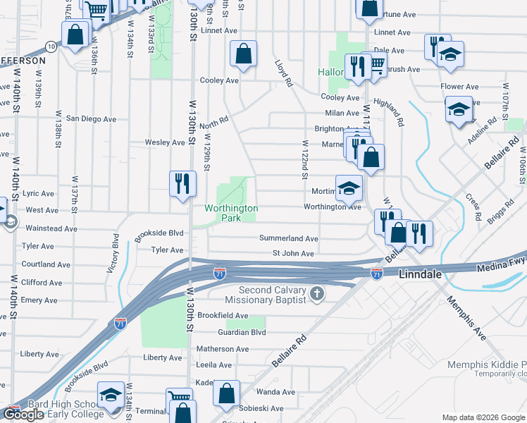 map of restaurants, bars, coffee shops, grocery stores, and more near 12542 Brooklawn Avenue in Cleveland