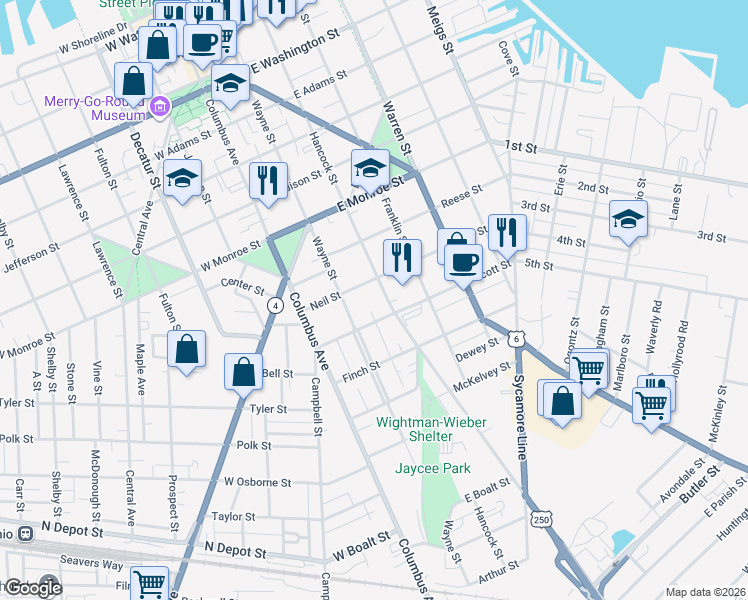 map of restaurants, bars, coffee shops, grocery stores, and more near 217a Scott Street in Sandusky