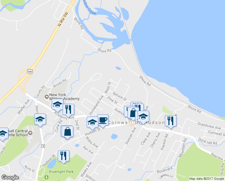 map of restaurants, bars, coffee shops, grocery stores, and more near 56 Spruce Street in Cornwall-on-Hudson