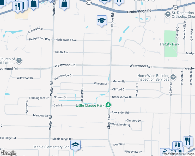map of restaurants, bars, coffee shops, grocery stores, and more near 23820 Vincent Drive in North Olmsted