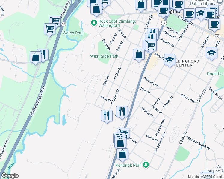 map of restaurants, bars, coffee shops, grocery stores, and more near 192 Clifton Street in Wallingford