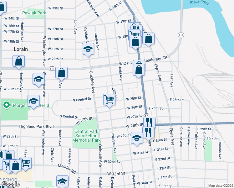 map of restaurants, bars, coffee shops, grocery stores, and more near 2363 Kelly Place in Lorain