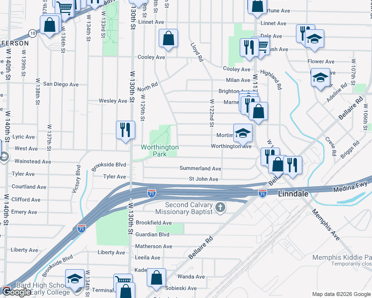 map of restaurants, bars, coffee shops, grocery stores, and more near 12413 Worthington Avenue in Cleveland