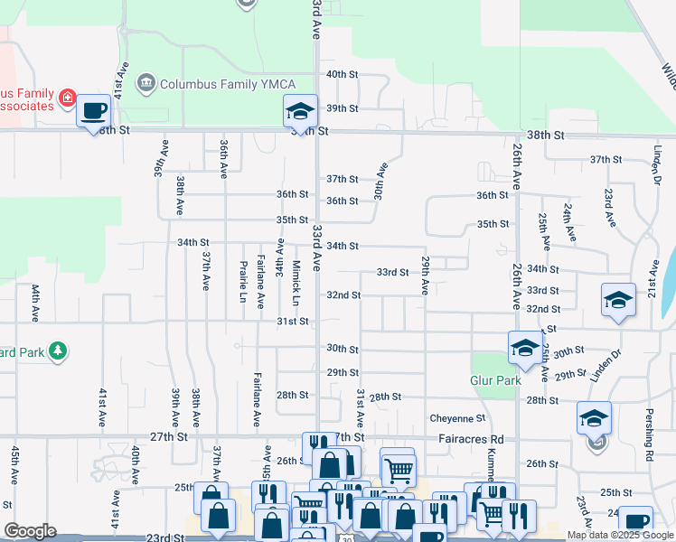 map of restaurants, bars, coffee shops, grocery stores, and more near 33rd Street in Columbus