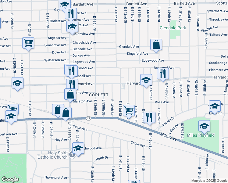 map of restaurants, bars, coffee shops, grocery stores, and more near 4077 East 139th Street in Cleveland