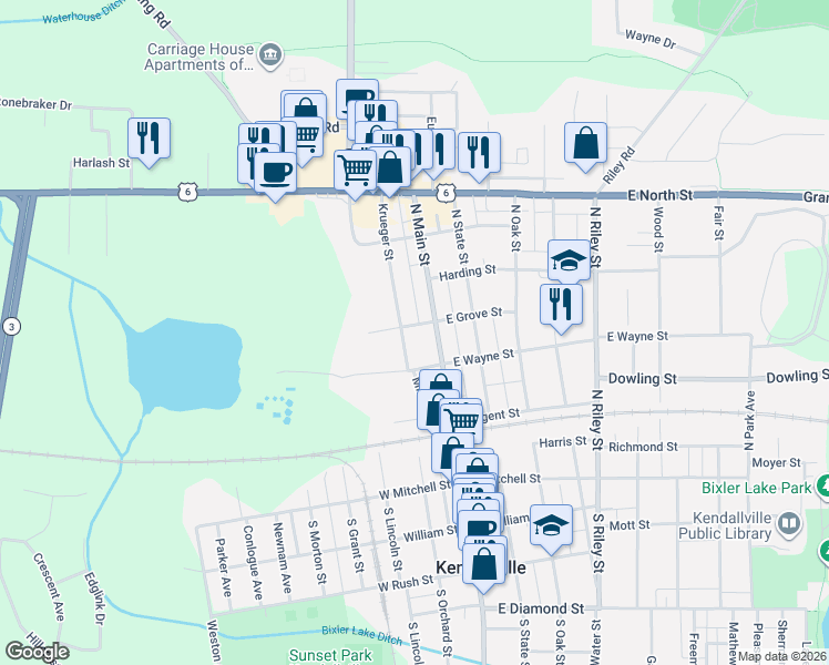map of restaurants, bars, coffee shops, grocery stores, and more near 424 Krueger St in Kendallville