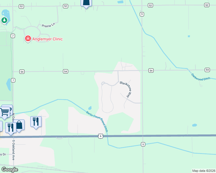 map of restaurants, bars, coffee shops, grocery stores, and more near 1027 Blackstone Boulevard in Nappanee