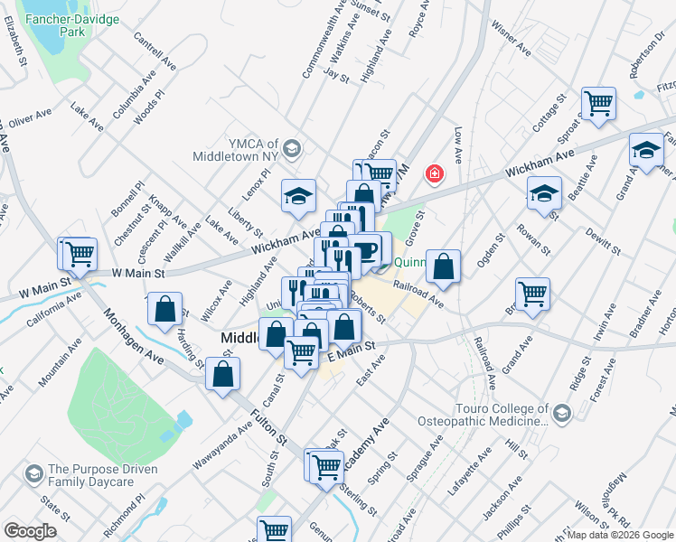 map of restaurants, bars, coffee shops, grocery stores, and more near 8 John Street in Middletown