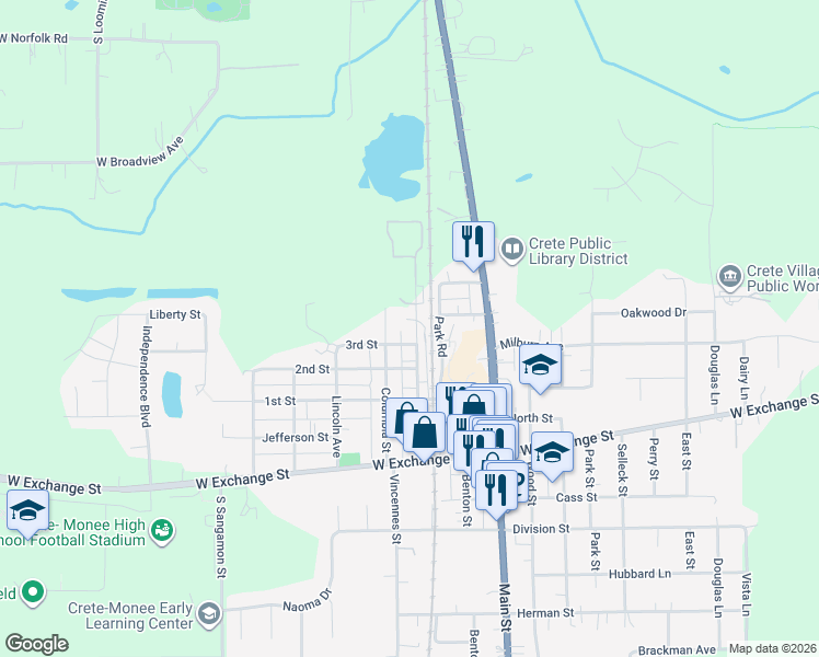 map of restaurants, bars, coffee shops, grocery stores, and more near 1232 Lumber Street in Crete