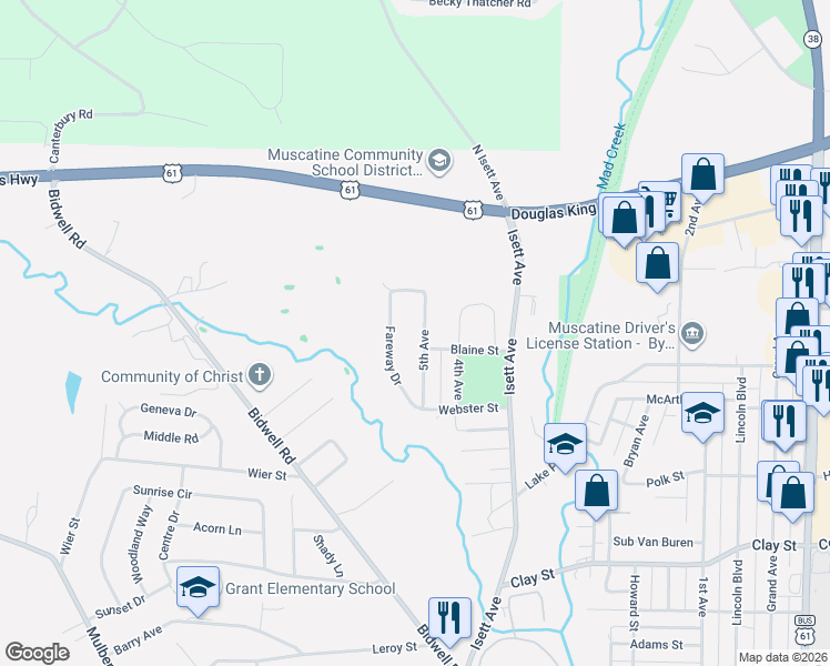 map of restaurants, bars, coffee shops, grocery stores, and more near 2208 5th Avenue in Muscatine