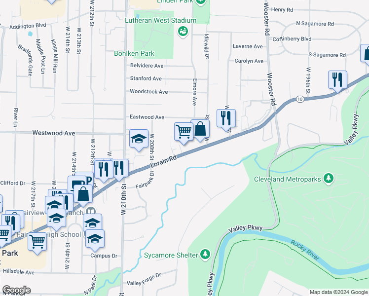 map of restaurants, bars, coffee shops, grocery stores, and more near 20550 Lorain Road in Fairview Park