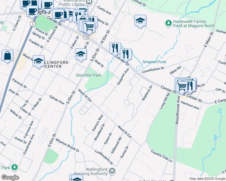 map of restaurants, bars, coffee shops, grocery stores, and more near 80 Simpson Ave in Wallingford