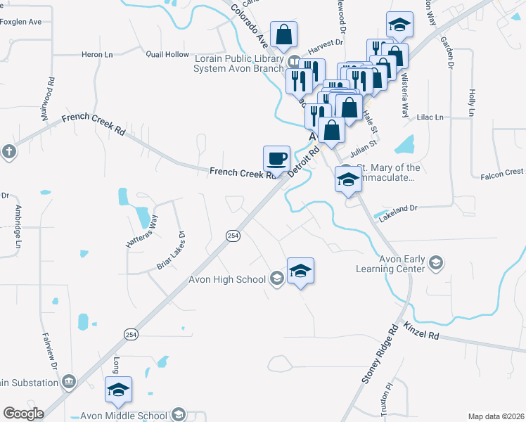 map of restaurants, bars, coffee shops, grocery stores, and more near 37485 Detroit Road in Avon