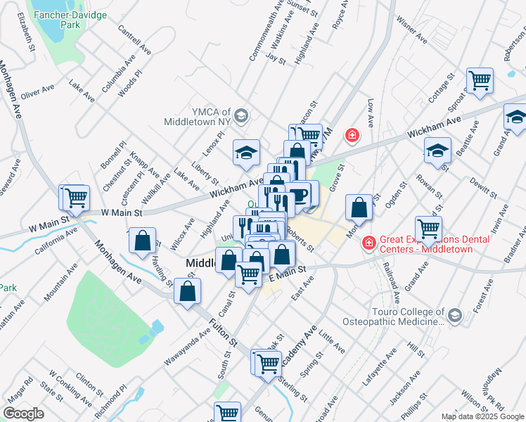 map of restaurants, bars, coffee shops, grocery stores, and more near 8 John Street in Middletown