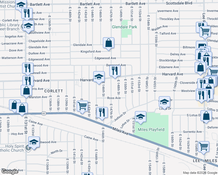 map of restaurants, bars, coffee shops, grocery stores, and more near 4096 East 147th Street in Cleveland
