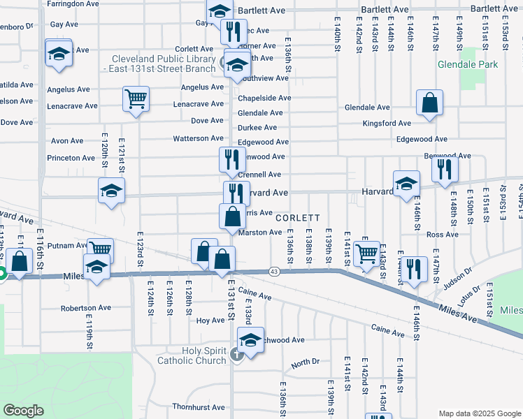 map of restaurants, bars, coffee shops, grocery stores, and more near 13310 Ferris Avenue in Cleveland