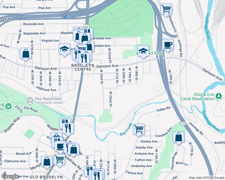 map of restaurants, bars, coffee shops, grocery stores, and more near 3929 West 22nd Street in Cleveland