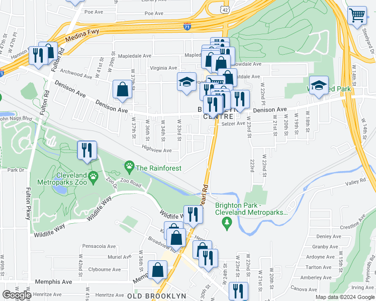 map of restaurants, bars, coffee shops, grocery stores, and more near 3935 West 33rd Street in Cleveland