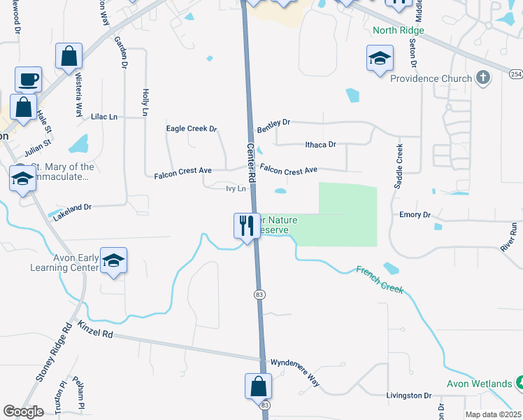 map of restaurants, bars, coffee shops, grocery stores, and more near 2739 Center Road in Avon