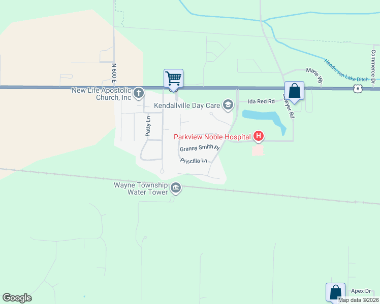 map of restaurants, bars, coffee shops, grocery stores, and more near 2014 Priscilla Lane in Kendallville