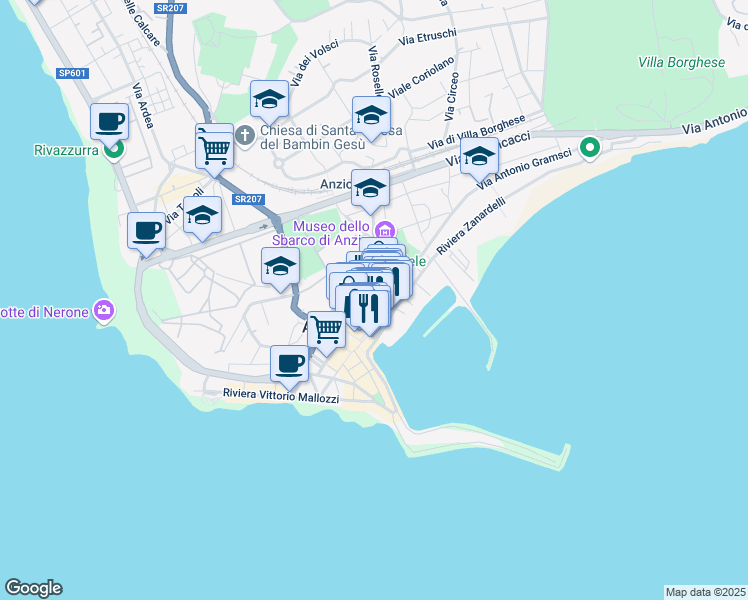 map of restaurants, bars, coffee shops, grocery stores, and more near 18 Via Luciano Manara in Anzio