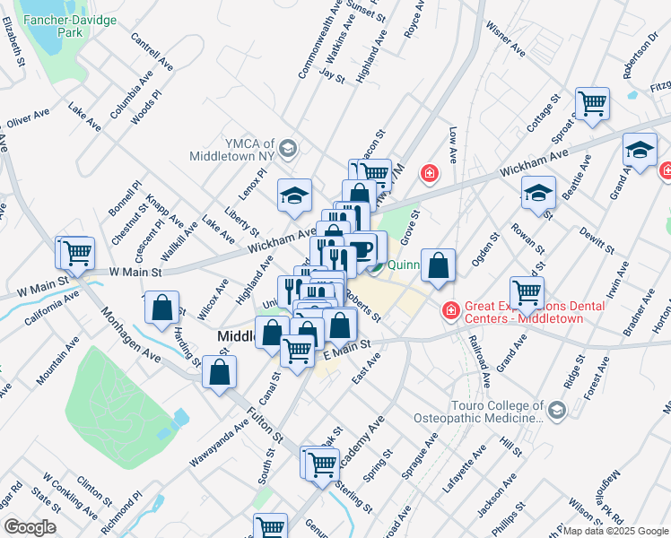 map of restaurants, bars, coffee shops, grocery stores, and more near 8 John Street in Middletown