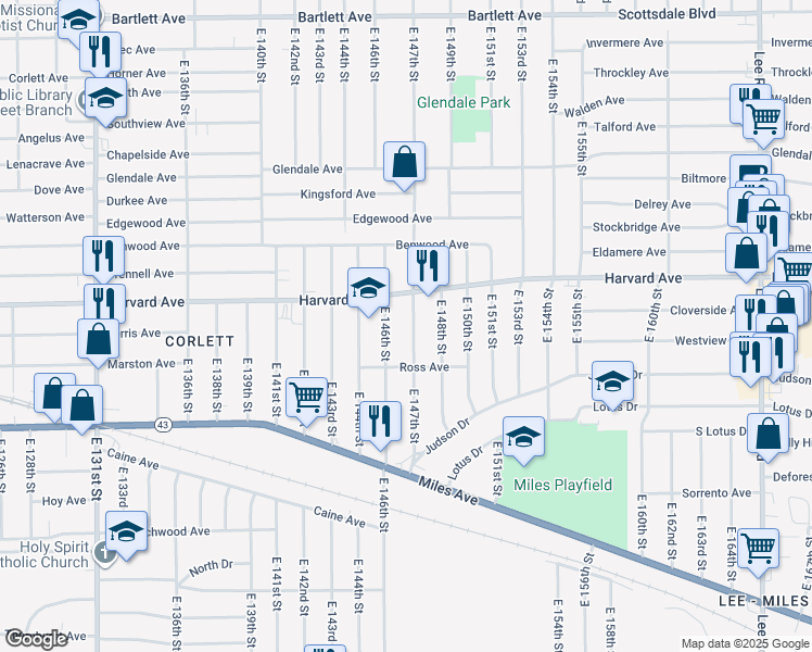 map of restaurants, bars, coffee shops, grocery stores, and more near 4096 East 147th Street in Cleveland