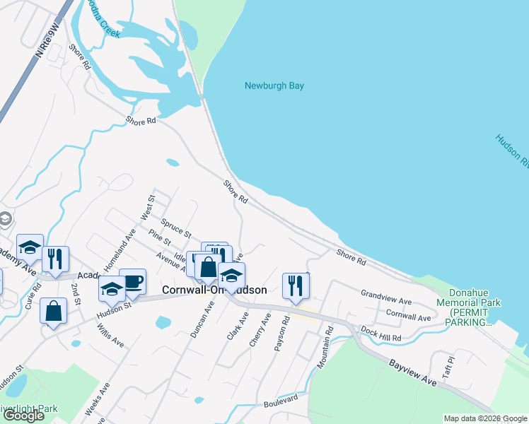 map of restaurants, bars, coffee shops, grocery stores, and more near 3 Riverbank Lane in Cornwall-on-Hudson